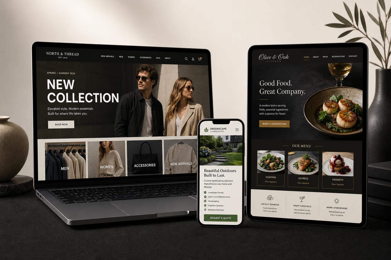Three modern website designs shown on a laptop, tablet and phone